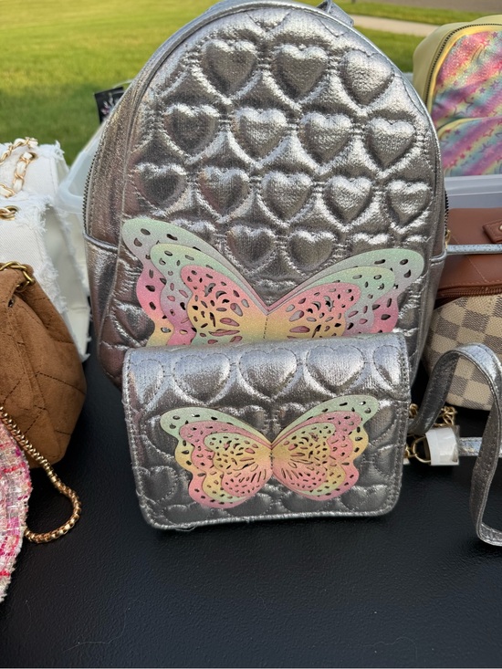 Olivia Miller Handbags - Olivia Miller Silver Heart-Quilted Backpack and Purse with Pastel Butterfly set